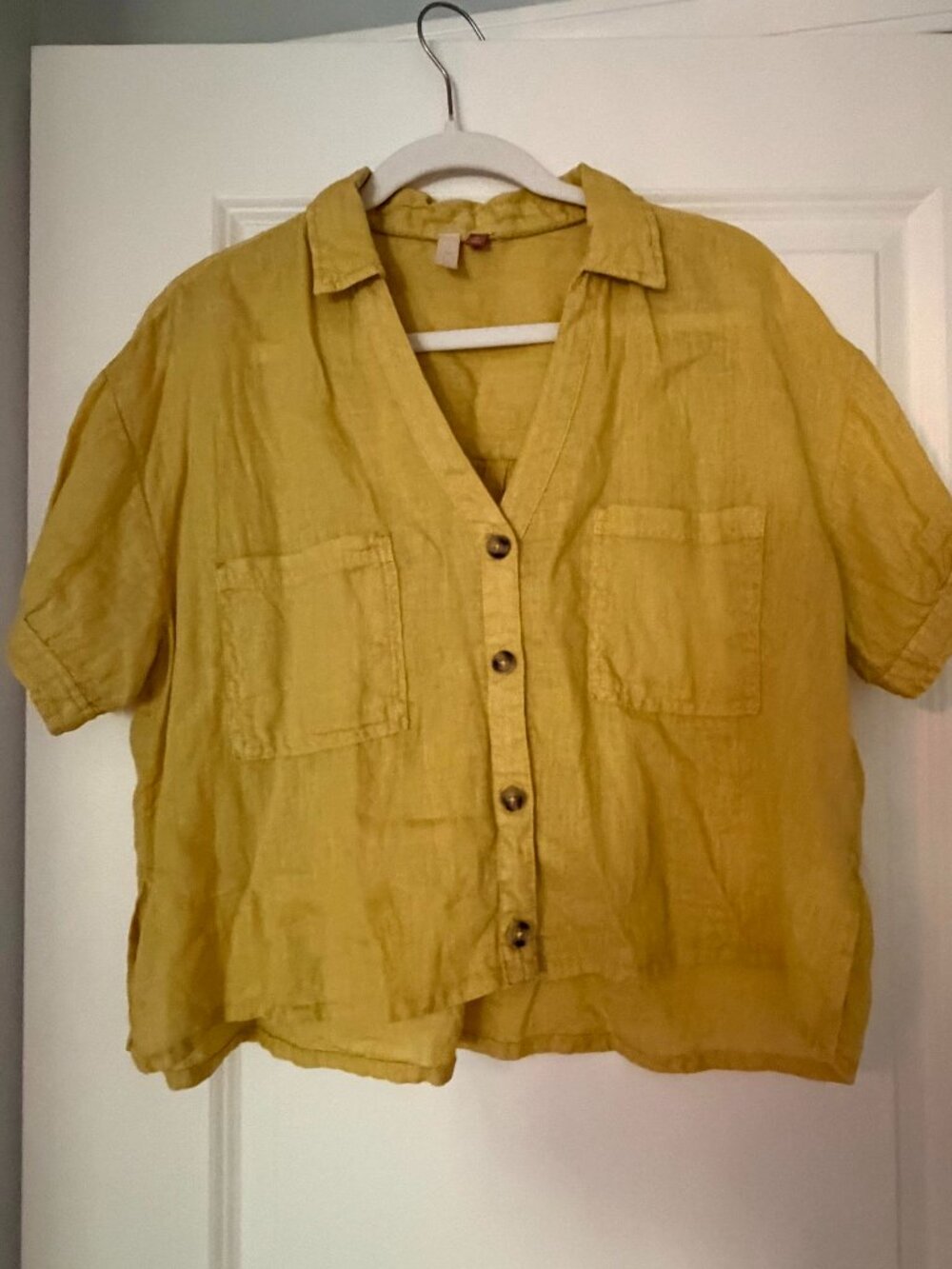 Anthropologie Pilcro Mustard Yellow Linen Button Down Boxy Shirt - Small Petite